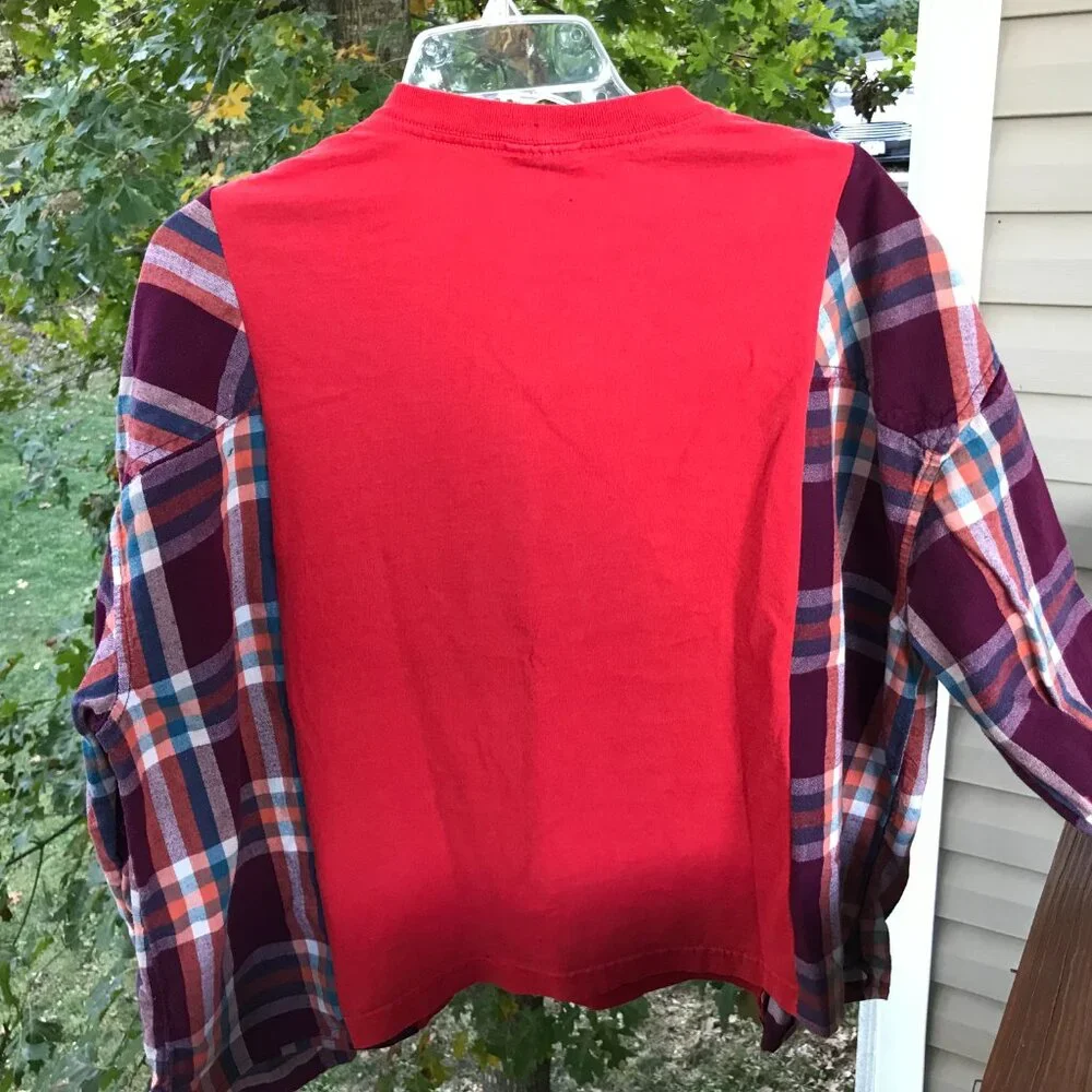 Upcycled Flannel Shirt, Oversized Football Graphic T-Shirt Pullover, Sz M - L - Picture 9 of 11